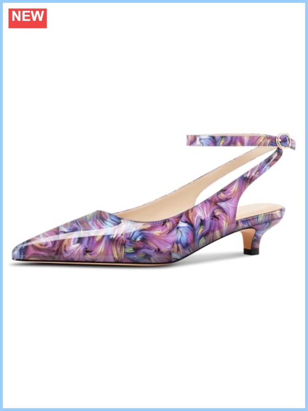 Womens Low Kitten Heel Pointed Toe Slingback Ankle Strap Faux Leather Pumps